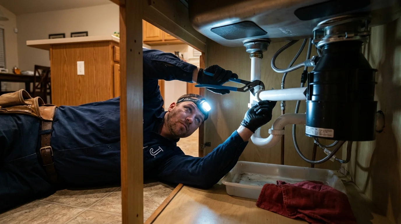 P-trap and supply line connections under a kitchen sink showing a common leak point in Troy, TN